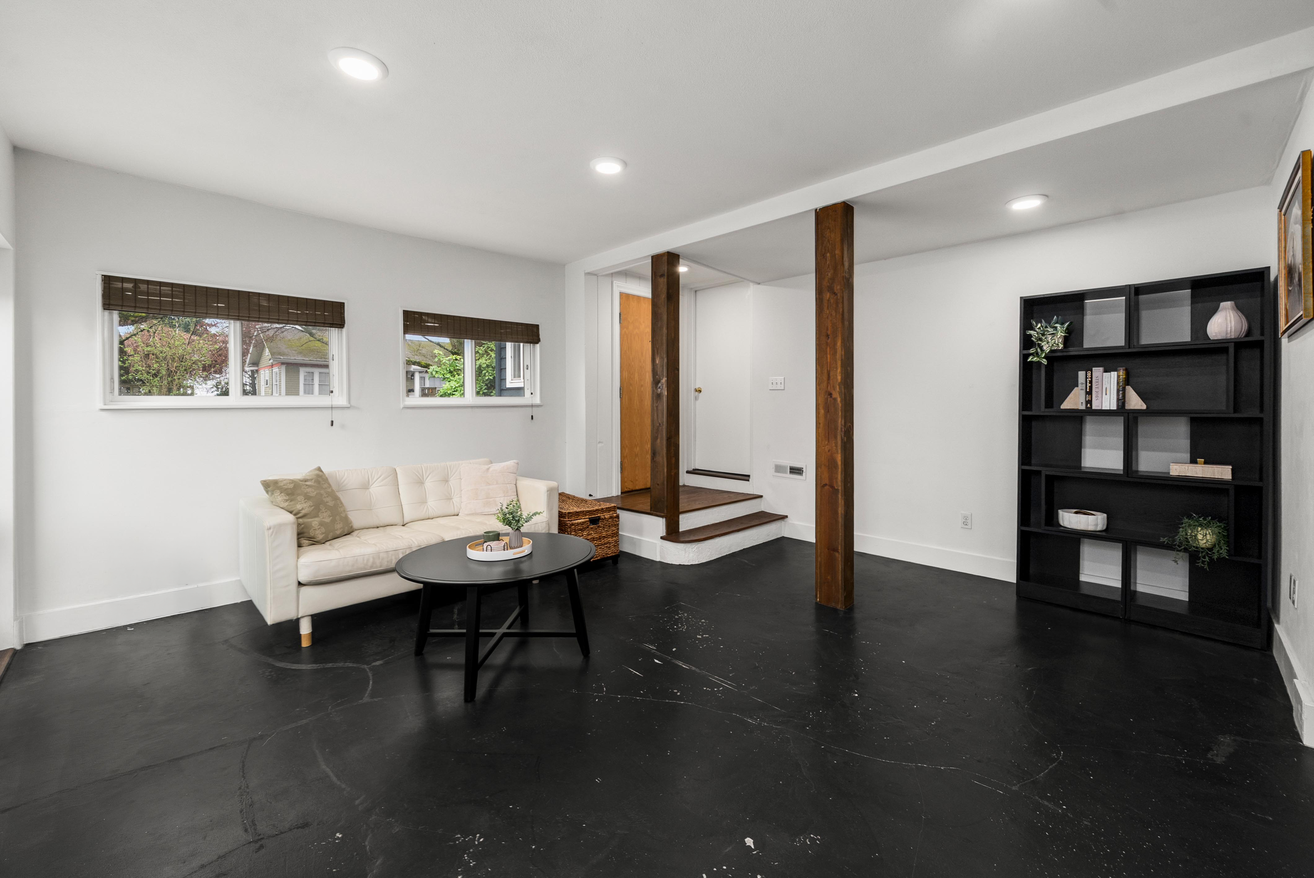 Den with shelving area