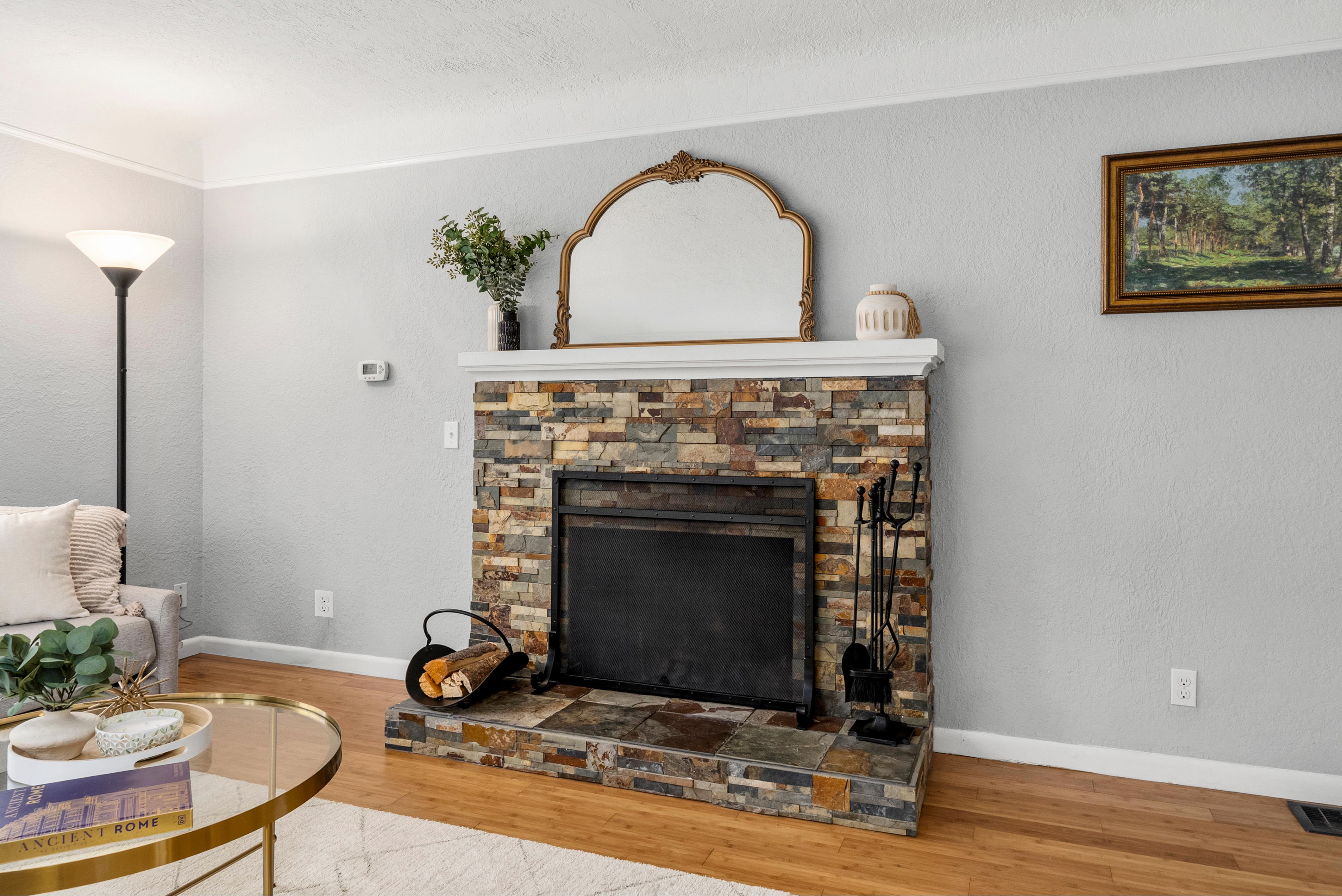 Stone fireplace detail
